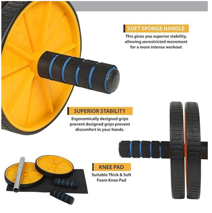 Close-up view of textured non-slip wheels and ergonomic handles on Shayoda ab roller for safe, effective workouts