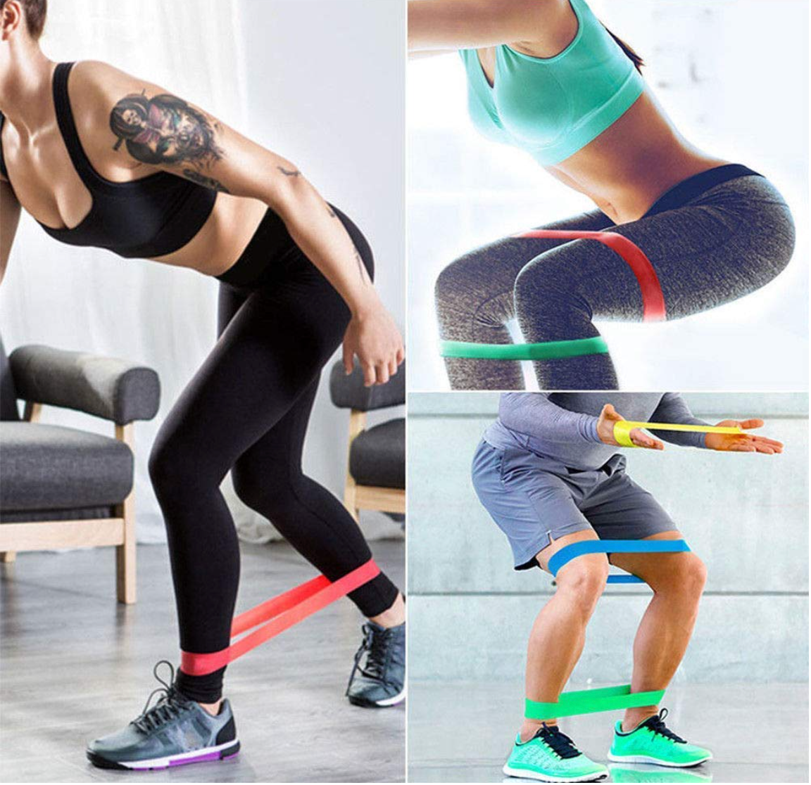 Colorful Shayoda resistance loop bands in use during yoga and pilates session for muscle activation and control