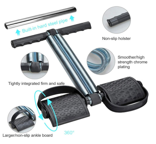 Close-up of strong dual spring mechanism and anti-slip foot pedals on Shayoda tummy trimmer for extra resistance